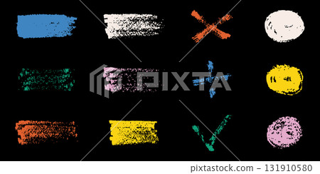 Colorful Chalk Mark and Symbol Solid Icon Set. Hand Drawn Brush Stroke, Cross and Tick, Plus, Circle and Highlight Silhouette Symbol Collection. Isolated Vector Illustration Colorful Chalk Mark and Symbol Solid Icon Set. Hand Drawn Brush Stroke, Cross and Tick, Plus, Circle and Highlight Silhouette Symbol Collection. Isolated Vector Illustration 131910580