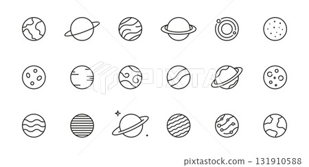 Planetary And Celestial Bodies Line Icon Set. Astronomy, Space Exploration, And Solar System Outline Symbol Collection. Editable Stroke. Isolated Vector Illustration 131910588