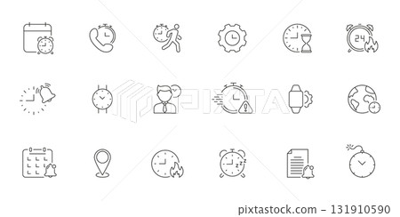 Time Management And Scheduling Line Icon Set. Efficient Planning, Deadline Tracking, And Global Time Coordination Outline Symbol. Productivity Tools. Editable Stroke. Isolated Vector Illustration 131910590