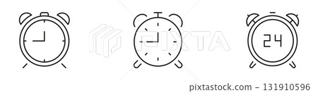 Alarm Clock Line Icon Set. Time Management, Wake-Up, And Scheduling Outline Symbol Collection. Analog And Digital Clock Variations. Editable Stroke. Isolated Vector Illustration 131910596