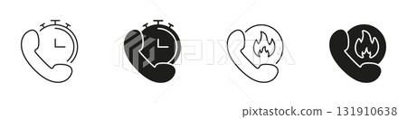 Phone With Stopwatch And Fire Solid Icon Set. Urgent Call Timing And Emergency Communication Silhouette Symbol Collection. Time-Sensitive And Critical Response. Isolated Vector Illustration 131910638