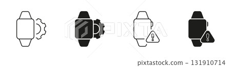 Smartwatch With Gear And Alert Icon Set. Device Configuration And System Warning Outline And Silhouette Symbol Collection. Technology And Notification Management. Isolated Vector Illustration 131910714