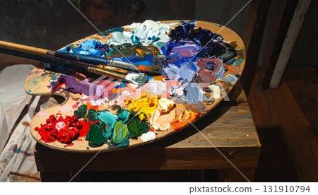 藝術家的調色盤與彩色油畫顏料 1 131910794