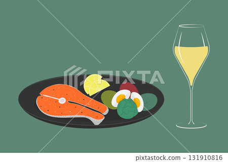 Salmon steak Lemon slices Half Boiled Egg Brussels Sprouts Greens on Dark Plate and White Wine Glass Salmon steak Lemon slices Half Boiled Egg Brussels Sprouts Greens on Dark Plate and White Wine Glass 131910816