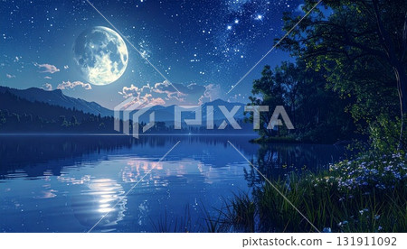 A fantastic night view of the mountains and a quiet lake reflecting the full moon 3 131911092