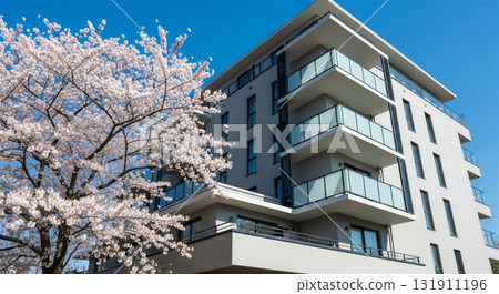 Condominiums and cherry blossoms in full bloom Condominiums and cherry blossoms in full bloom 131911196