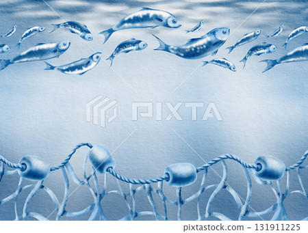 Horizontal marine template buoys made of foam on a twisted rope with a fishing net,sardine fish swimming in a shoal.Monochrome watercolor illustration for marine-themed parties and fish restaurants Horizontal marine template buoys made of foam on a twisted rope with a fishing net,sardine fish swimming in a shoal.Monochrome watercolor illustration for marine-themed parties and fish restaurants 131911225