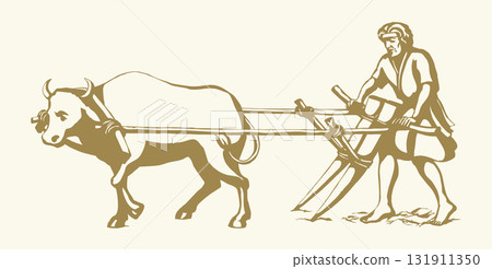 Vector drawing. Old wooden plow 131911350