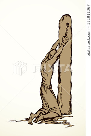 Vector drawing. Beaten man tied to a pole 131911367