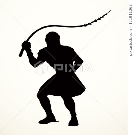 Vector drawing. Beaten man tied to a pole 131911368