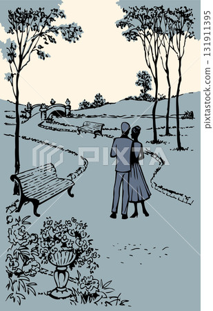 Vector landscape. Banches along the alleys of the park Vector landscape. Banches along the alleys of the park 131911395