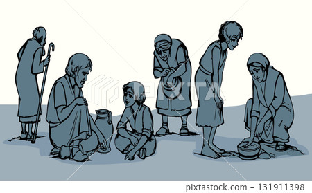 Vector illustration. People collecting manna in the desert. 131911398