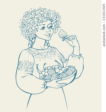Vector drawing. Cute girl holds fruits 131911405