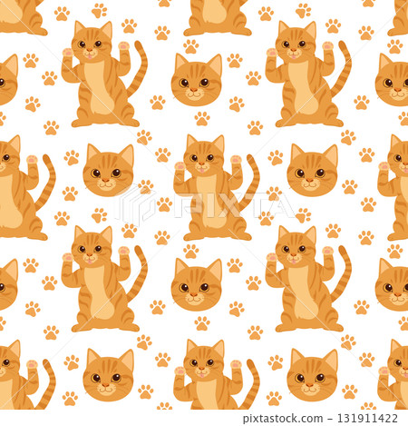 adorable orange cat seamless wallpaper with paw print background perfect for pattern design textile gift wrap and cute animal themed art projects 131911422