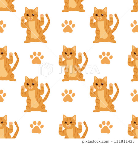 seamless orange cat pattern with kawaii waving kittens and paw prints for nursery background and pet lovers theme seamless orange cat pattern with kawaii waving kittens and paw prints for nursery background and pet lovers theme 131911423