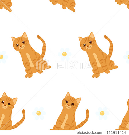 seamless orange cat pattern  with smiling kittens and flowers for digital paper and cute stationery design 131911424