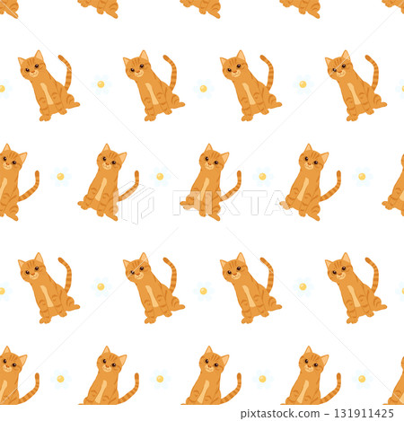 adorable orange kitten pattern with white flowers seamless cute cartoon design for fabric wrapping paper and home decoration. adorable orange kitten pattern with white flowers seamless cute cartoon design for fabric wrapping paper and home decoration. 131911425