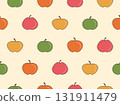 Seamless pattern with apple silhouettes in flat style. Apples in a retro color palette with a black outline. Design for printing on fabric, banners, and promotional items. Vector illustration 131911479