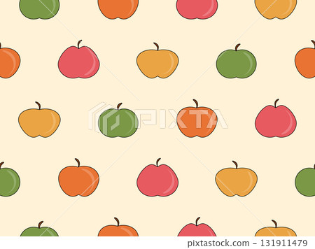 Seamless pattern with apple silhouettes in flat style. Apples in a retro color palette with a black outline. Design for printing on fabric, banners, and promotional items. Vector illustration 131911479