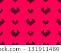 Seamless pattern with flying bats for Halloween decor. Bat silhouettes on a bright red background. A scary background with bats for printing on fabric and paper, banners, posters. Vector illustration 131911480