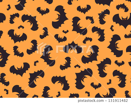 Seamless pattern with flying bats for Halloween decor. Black bat silhouettes on an orange background. Scary background with bats for printing on fabric and paper. Vector illustration 131911482