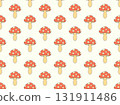 Mushrooms seamless pattern. Mushrooms on a stem. Amanita mushroom with dots on the cap. Background with fly agarics or wallpapers, covers, wrappers and banners. Vector illustration 131911486