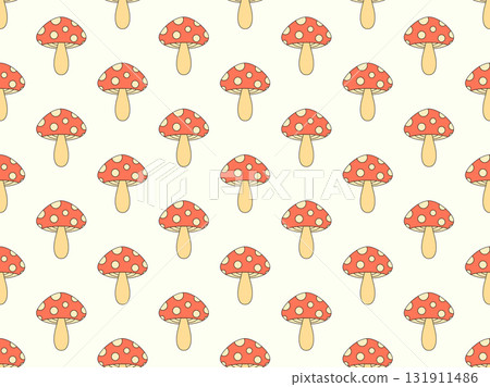 Mushrooms seamless pattern. Mushrooms on a stem. Amanita mushroom with dots on the cap. Background with fly agarics or wallpapers, covers, wrappers and banners. Vector illustration 131911486