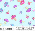 Mushrooms seamless pattern. Mushrooms on a stem. Amanita mushroom with dots on the cap. Background with fly agarics or wallpapers, covers, wrappers and banners. Vector illustration 131911487