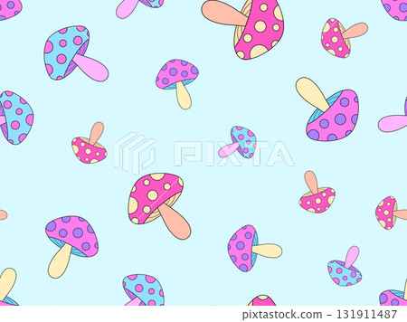 Mushrooms seamless pattern. Mushrooms on a stem. Amanita mushroom with dots on the cap. Background with fly agarics or wallpapers, covers, wrappers and banners. Vector illustration Mushrooms seamless pattern. Mushrooms on a stem. Amanita mushroom with dots on the cap. Background with fly agarics or wallpapers, covers, wrappers and banners. Vector illustration 131911487