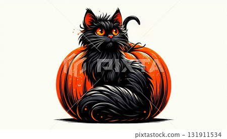 Fluffy black cat with intense orange eyes sitting and Halloween pumpkin on a white background. Spooky, cute, festive. 131911534