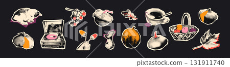 Autumn halftone art collage cut outs set. Various cozy fall paper clipping shapes, stickers with vintage dotted texture and doodles. Modern retro grunge mixed media vector illustration 131911740