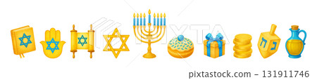 Happy Hanukkah watercolor traditional holiday symbols and attributes set. Menorah, star of David, sufganiyot, dreidel. Stickers, clip art, vector illustration isolated on transparent background 131911746
