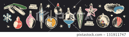 Christmas ornaments halftone art collage cut outs set. Vintage baubles, icicles, stars, pine branches with dotted texture and doodles. Modern retro grunge mixed media vector illustration 131911747