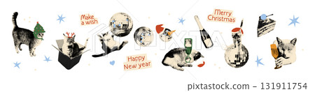 Christmas and New year halftone collage paper cut outs set. Funny stickers, cats with Santa hats, champagne, disco ball. Modern retro vector illustration isolated on transparent background Christmas and New year halftone collage paper cut outs set. Funny stickers, cats with Santa hats, champagne, disco ball. Modern retro vector illustration isolated on transparent background 131911754