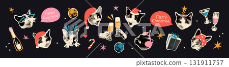 Christmas and New year halftone art collage cut outs set. Stickers with vintage dotted texture and doodles, cheers, champagne, cat heads with Santa hats. Modern retro mixed media vector illustration 131911757