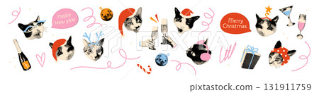 Christmas and New year halftone art collage cut outs set. Stickers with cheers, champagne, cat heads with Santa hats. Modern retro mixed media vector illustration isolated on transparent background Christmas and New year halftone art collage cut outs set. Stickers with cheers, champagne, cat heads with Santa hats. Modern retro mixed media vector illustration isolated on transparent background 131911759