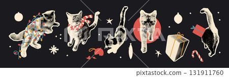 Christmas and New year halftone collage paper cut outs set. Funny stickers with vintage dotted texture and doodles, cats with Christmas lights, winter scarf, gift box. Modern retro vector illustration 131911760