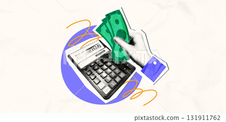 Financial planning concept. Halftone hand holding money and calculator. Trendy art collage banner template, Investing, savings, budget planning. Modern retro mixed media vector illustration 131911762