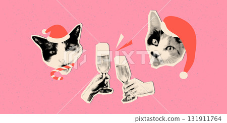 Christmas trendy art collage greeting banner template. Funny halftone cut out cats in Santa hats cheers with champagne Modern retro grunge mixed media vector illustration on grainy pink background Christmas trendy art collage greeting banner template. Funny halftone cut out cats in Santa hats cheers with champagne Modern retro grunge mixed media vector illustration on grainy pink background 131911764