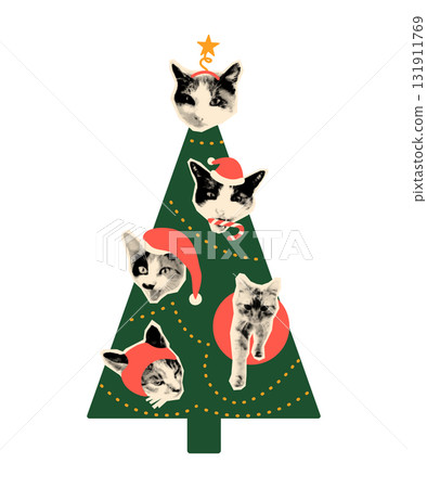 Art collage cut out of Christmas tree decorated with halftone cats in Santa hats as ornaments. Feline Xmas tree. Modern retro mixed media vector illustration isolated on transparent background Art collage cut out of Christmas tree decorated with halftone cats in Santa hats as ornaments. Feline Xmas tree. Modern retro mixed media vector illustration isolated on transparent background 131911769