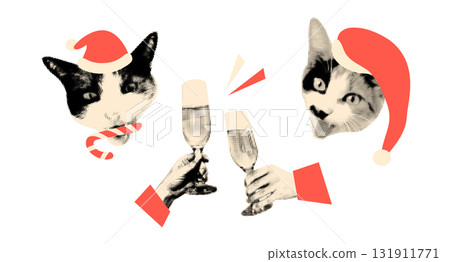 Christmas trendy art collage greeting sticker. Funny halftone cut out cats in Santa hats cheers with champagne Modern retro grunge mixed media vector illustration on transparent background 131911771