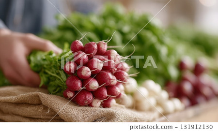 Sellers engage with customers at a vibrant market, highlighting fresh, organic produce in reusable bags 131912130
