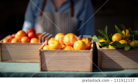 Citrus fruits are arranged in vintage wooden boxes at a local organic market highlighting fresh produce 131912137