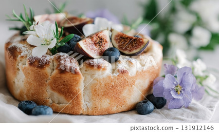 Sweet focaccia topped with figs and fresh flowers makes a beautiful and tasty homemade dessert perfect for autumn gatherings 131912146