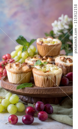 Mini sweet focaccias with fruit sit on a rustic wooden board, offering a delightful homemade treat perfect for autumn gatherings 131912158