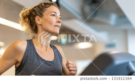 Female athlete running on treadmill with focused expression during dynamic workout session 131912164