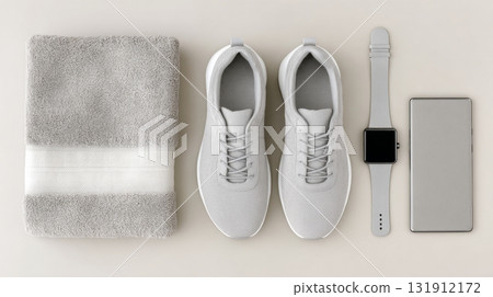 Minimalist walking workout essentials with sneakers, smartwatch, phone, and towel for fitness trend Minimalist walking workout essentials with sneakers, smartwatch, phone, and towel for fitness trend 131912172