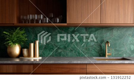 Stylish kitchen highlights a leafy backdrop, blending nature-inspired elements with modern design 131912252