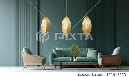 Modern living room showcases leaf-shaped lights and botanical decor against a calming green backdrop 131912253