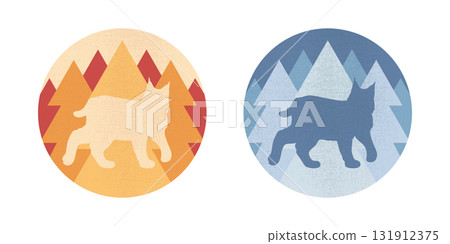 Round emblems with a lynx silhouette on forest background. Forest animal. Vector illustration Round emblems with a lynx silhouette on forest background. Forest animal. Vector illustration 131912375